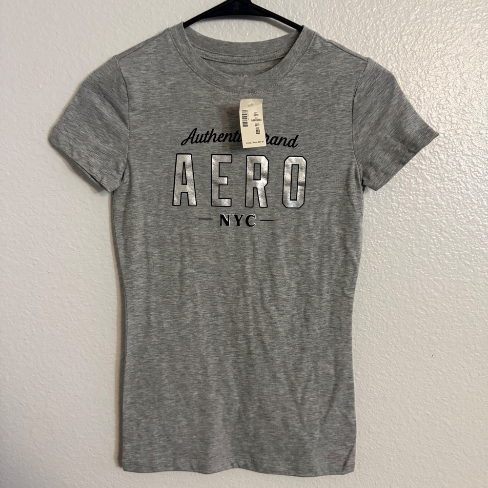 NWT Aeropostale Classic Crew Graphic T-Shirt Heather Grey Silver Foil Women's XS